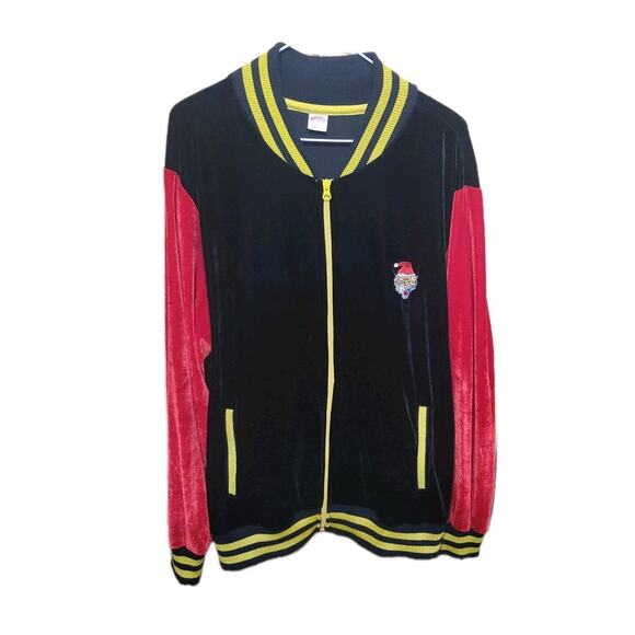 Vtg Holiday Time Mens Large Velvet Track jacket Tiger Santa Logo  Black/red - Picture 1 of 10